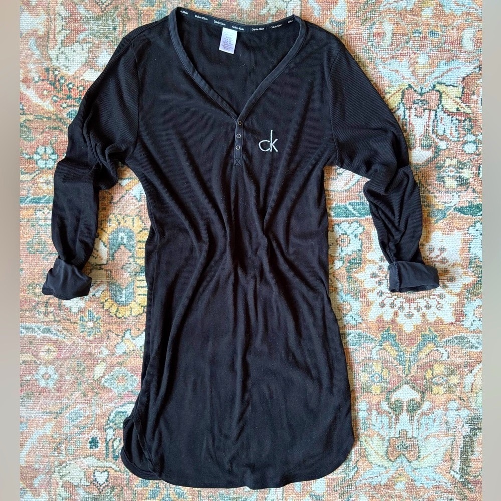 Calvin Klein Black Long Sleeve Henley Nightshirt